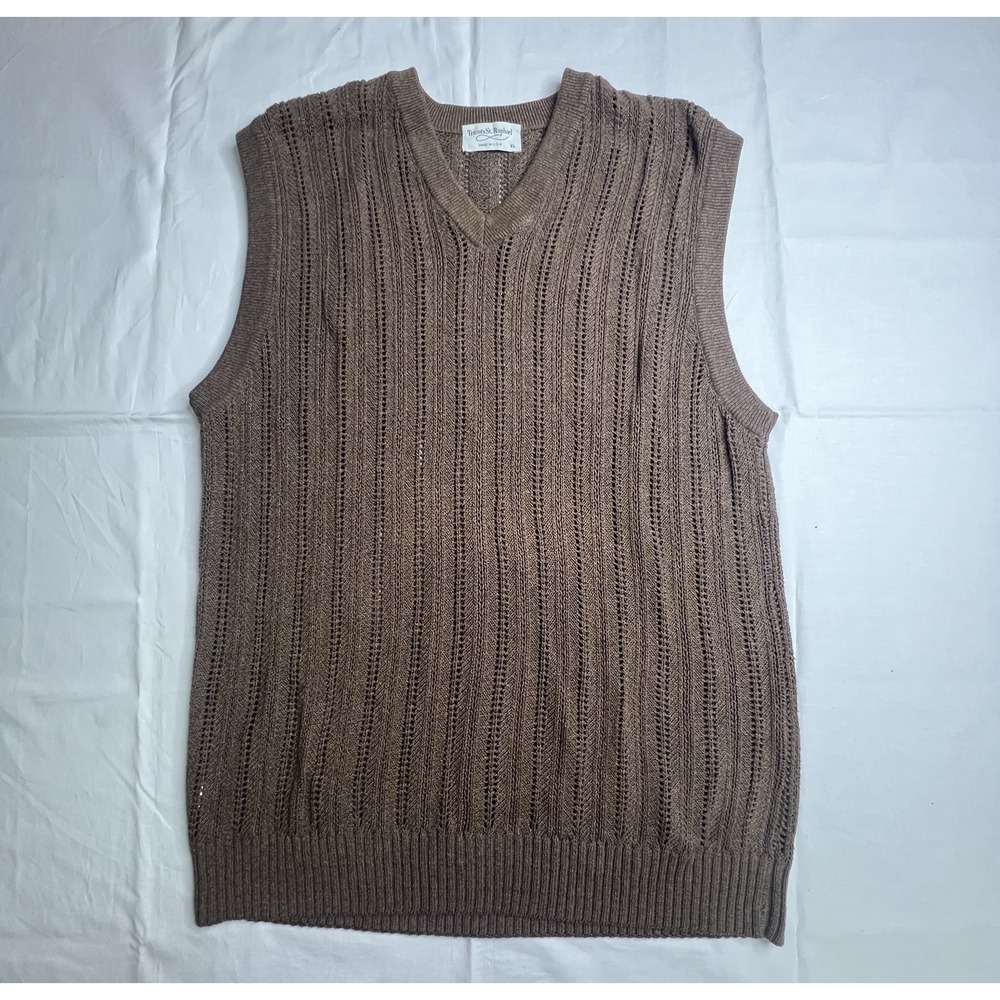 VTG Tricots St.Raphael Mens XLarge Cotton Sweater Vest Tan / Brown V-Neck